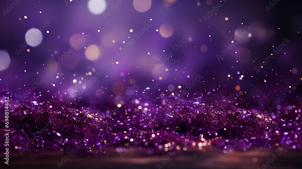 Poster abstract purple and violet glitter bokeh background with shining gold texture and sparkling light