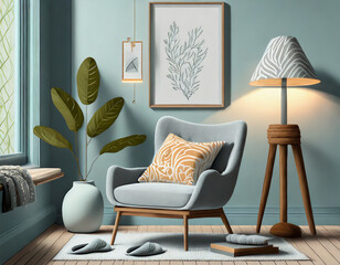 Interior design of cozy living room with mock up poster frame, gray armchair, patterned pillow, stylish lamp, slippers, wooden stand, vase with branch