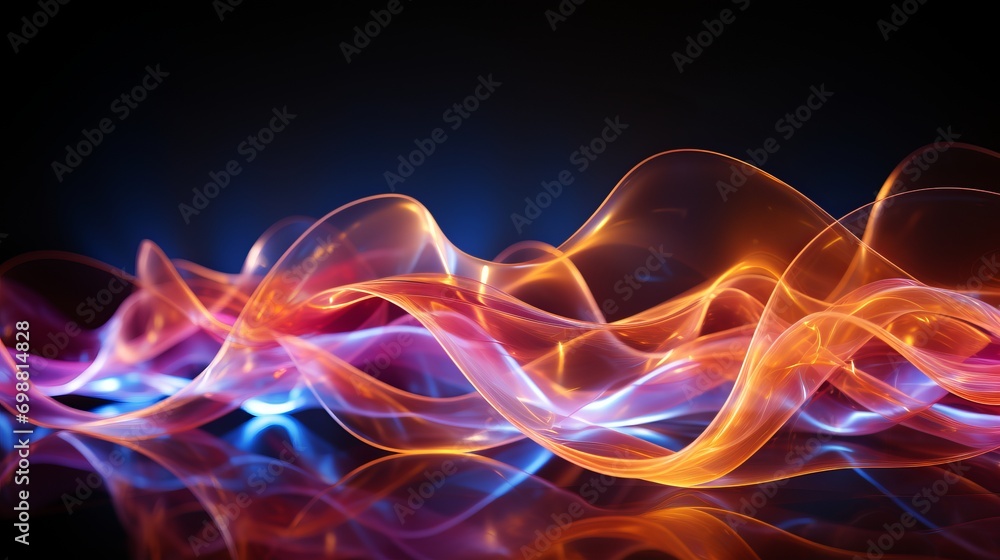 Poster abstract background with glowing neon wave lines and bokeh lights data transfer concept