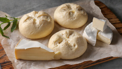 Fototapeta na wymiar raw yeast dough buns and brie cheese on parchment, closeup top view