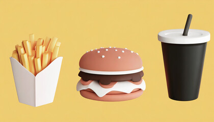 Set menu of fast food products. Hamburger, french fries, and soft drink. Junk food or unhealthy meal. Group of restaurant lunch menu concept. Cute cartoon dish icons