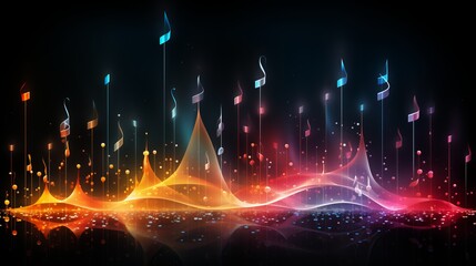 Vibrant abstract background with multicolored musical notes soaring through neural network