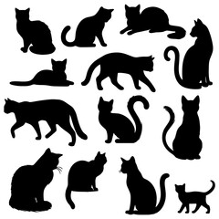 Vector illustration. Silhouettes of black cats. Set of animal stickers. Large set.