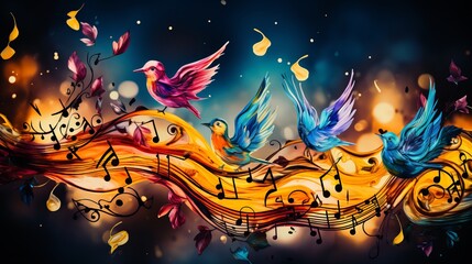 Vibrant multicolored abstract musical background with neural network flying musical notes