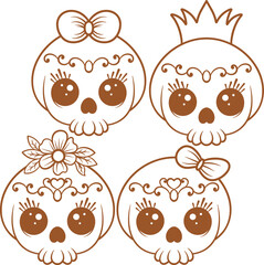Obraz premium Vector set cute skull line art