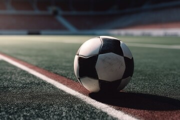 Soccer ball on the white line at stadium