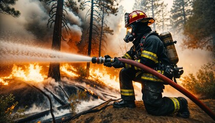 Firefighter in action against wildfire - spraying water, combating natural disaster