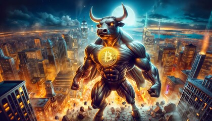 Bitcoin bull run - bullish portrait of bull with Bitcoin symbol, market concept