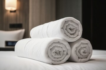 Rolled up white towels on the hotel bed