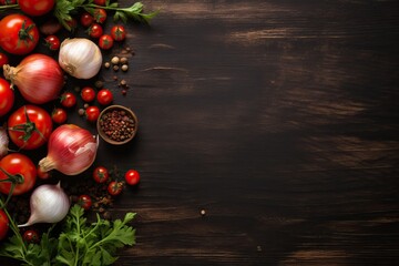 Ingredients for making tomato salsa on black wooden background. Traditional mexican sauce. Tomato,...