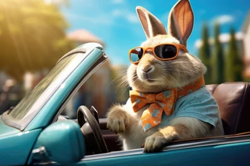 Stickers fenêtre Voitures de dessin animé Cool Easter bunny in a car delivering Easter eggs.