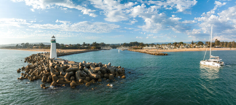 Aerial view of the Capitola beach town lighthouse in California, USA.