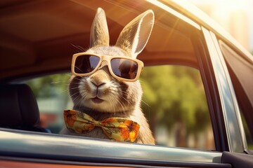 Cool Easter bunny in a car delivering Easter eggs.
