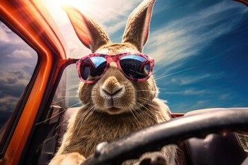 Cool Easter bunny in a car delivering Easter eggs. - obrazy, fototapety, plakaty