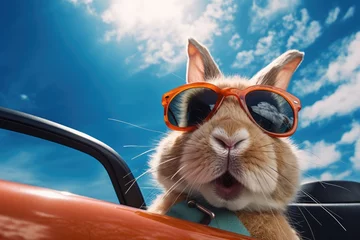 Tuinposter Cool Easter bunny in a car delivering Easter eggs. © Simon