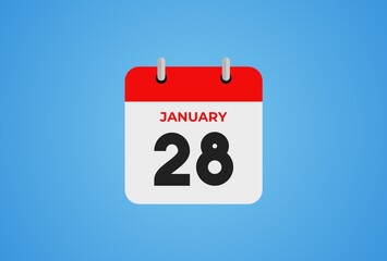 Icon calendar day. 28 January. 28th days of the month, illustration style. Date day of week Sunday, Monday, Tuesday, Wednesday, Thursday, Friday, Saturday. Winter holidays in January. 