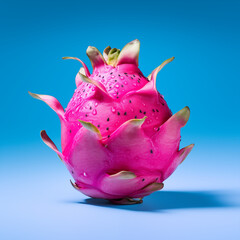 Single dragon fruit isolated on blue background , Stenocereus , Pitahaya ,  Pitaya
