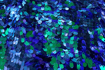 colorful sequins on a blue background, closeup of photo