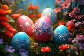 Fototapeta na wymiar Colorful handpainted Easter eggs amidst a spring meadow. 