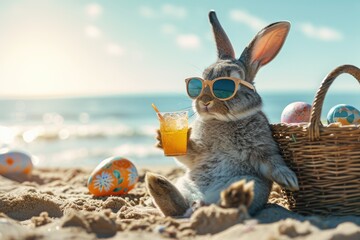 Cool Easter bunny on vacation on the beach with a cocktail. - obrazy, fototapety, plakaty