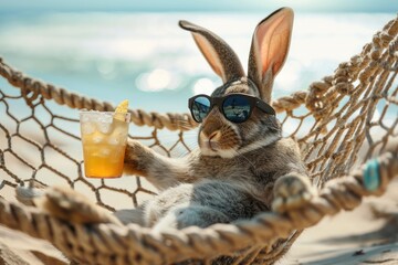 Cool Easter bunny on vacation on the beach with a cocktail. - obrazy, fototapety, plakaty