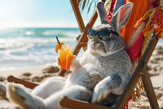 Cool Easter bunny on vacation on the beach with a cocktail.