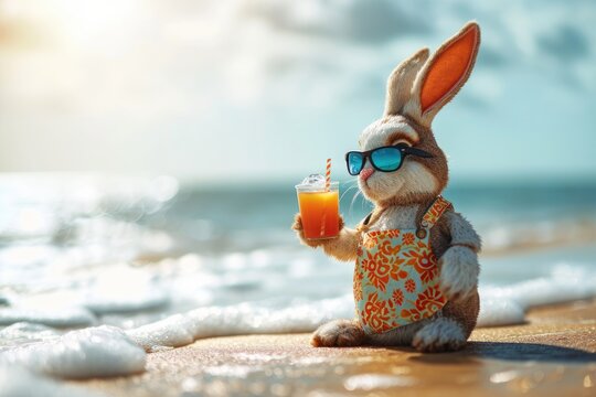 Naklejki Cool Easter bunny on vacation on the beach with a cocktail.