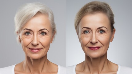 Youth and aging transformation  before and after portrait of woman s skin rejuvenation. - obrazy, fototapety, plakaty