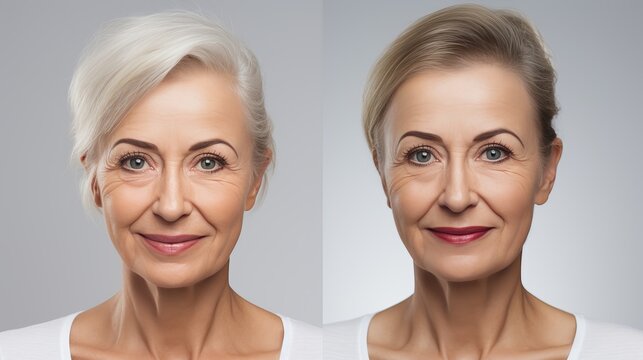 Youth and aging transformation  before and after portrait of woman s skin rejuvenation.