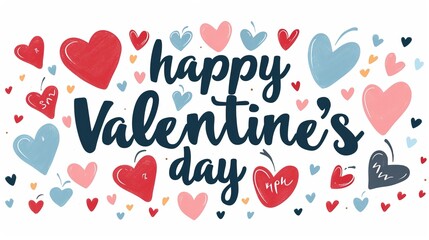 Romantic calligraphic text  happy valentine s day  with heart symbols on a clean white background