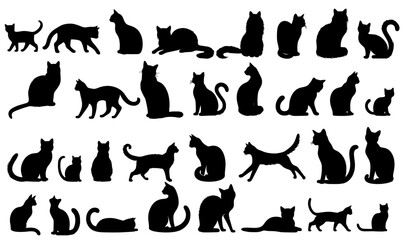 Vector illustration. Silhouettes of black cats. Set of animal stickers. Large set. - obrazy, fototapety, plakaty