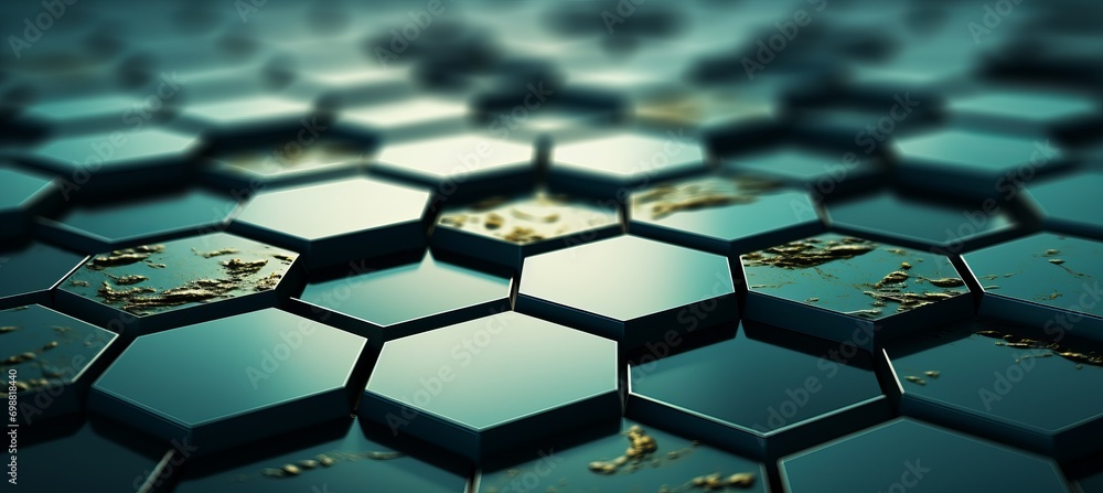 Poster vibrant and visually striking hexagonal geometric abstract background with intricate green elements