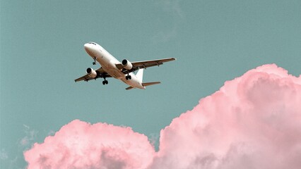 Aeroplane fly in the pink clouds