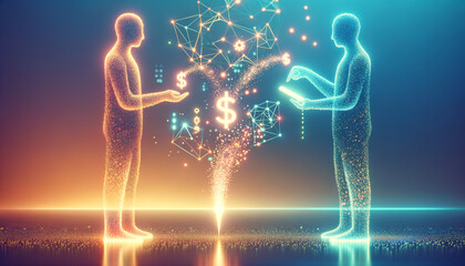 Sleek silhouette figures engaged in digital lending transaction with flowing particles