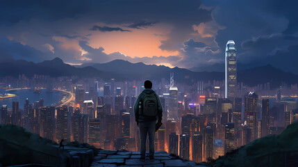 A traveler's silhouette against the backdrop of a vibrant cityscape at twilight