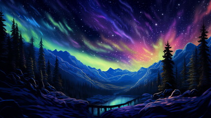 A landscape with a bridge over a river and mountains