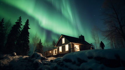A house with lights in the sky
