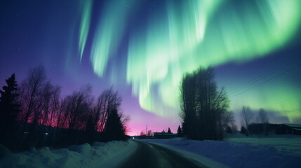 A road with trees and a green and purple sky