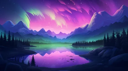 Foto auf Acrylglas Nordlichter A lake with mountains and aurora lights