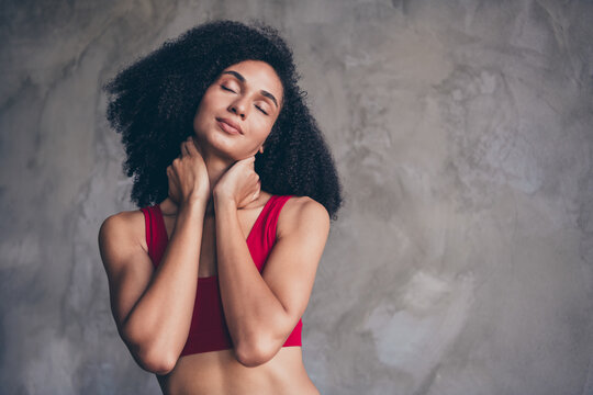 Studio photo of feminine girly lady no filter skin enjoy self acceptance empty space isolated day light grey concrete wall background