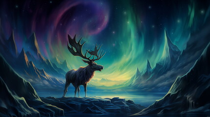 A moose with large antlers standing on a rocky surface