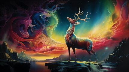 A painting of a deer with colorful clouds and a rainbow sky