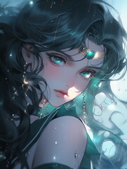 A cartoon of a woman with long black hair