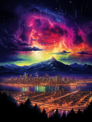 A city with lights and mountains in the background