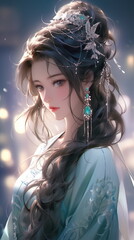 A woman with long hair and a long earrings