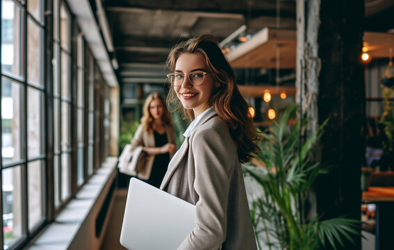 A young businesswoman is standing in an office with a laptop in her hands. She is smiling and looking at the camera.  A female colleague is walking in the background.