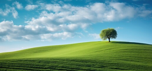 Idyllic landscape. A green meadow with a single tree.