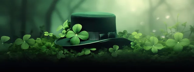 Foto op Plexiglas Green shamrock lucky top hat as St Patrick's day symbol and luck icon of Irish tradition with magical four leaf clover. Leprechaun cap. Celebration concept, Background, card, banner with copy space © ratatosk