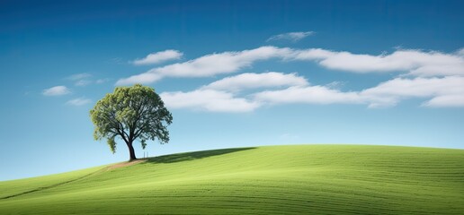 Fototapeta na wymiar Idyllic landscape. A green meadow with a single tree.