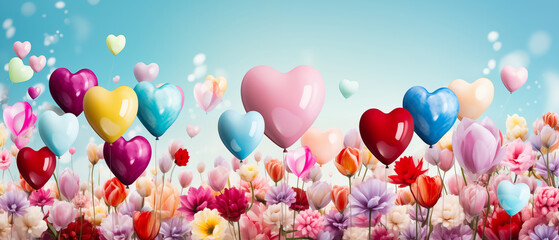 Valentine's day background with colorful heart balloons and tulips
 - obrazy, fototapety, plakaty